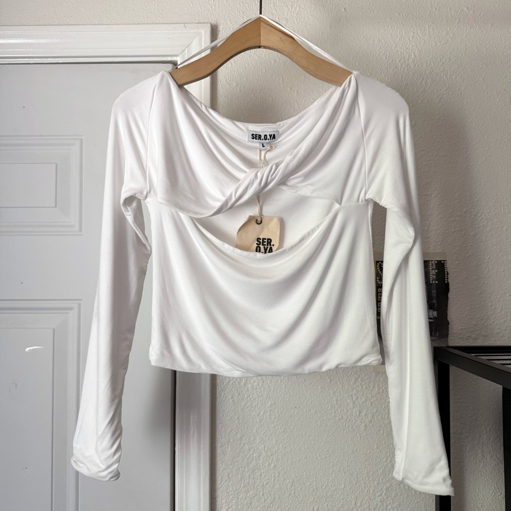NWT SER.O.YA white modal blend soft twist cutout off shoulder cropped top